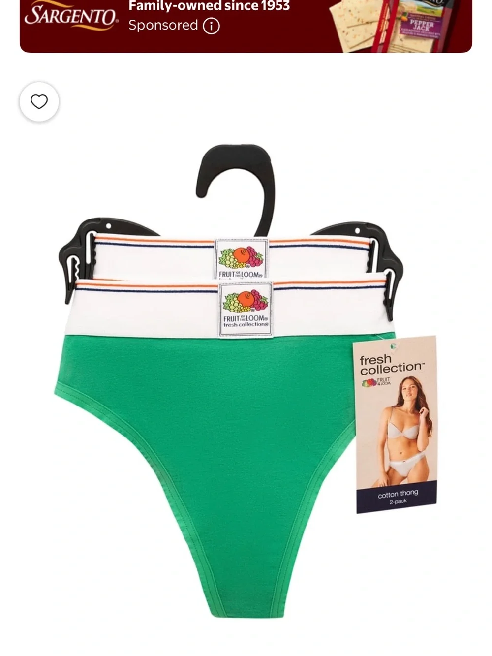 Fruit of the Loom Green and White Cotton Thong Set with Striped Waistband